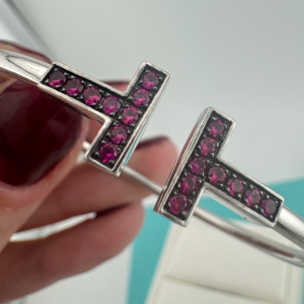 Tiffany & Co. 18k Ruby Tiffany T Square Bracelet Bangle in White Gold